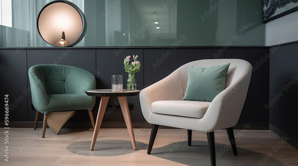 Fototapeta premium Interior of modern room with armchair and table near light wall, generative ai