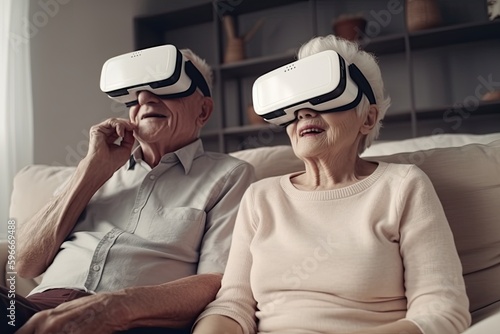 An elderly couple enjoys virtual reality through their VR headsets, immersing themselves in a new world of experiences. Generative AI.