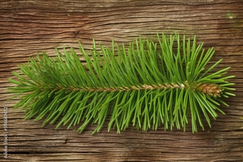 pine branch on a wooden surface in macro view. Generative AI