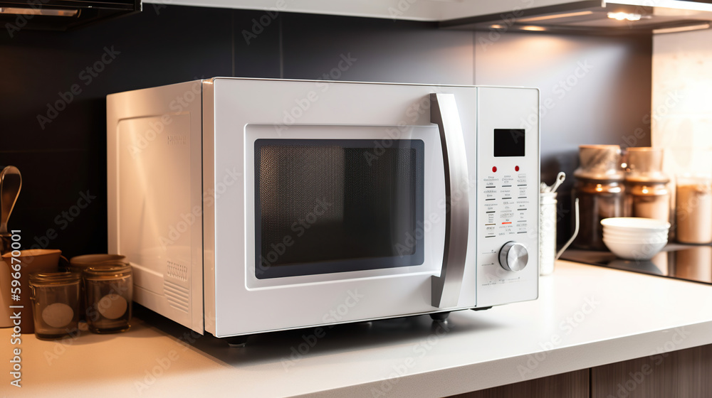 Fototapeta premium White microwave oven on counter in kitchen, generative ai