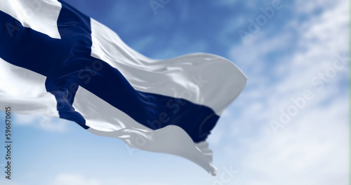 The national flag of Finland waving in the wind on a clear day