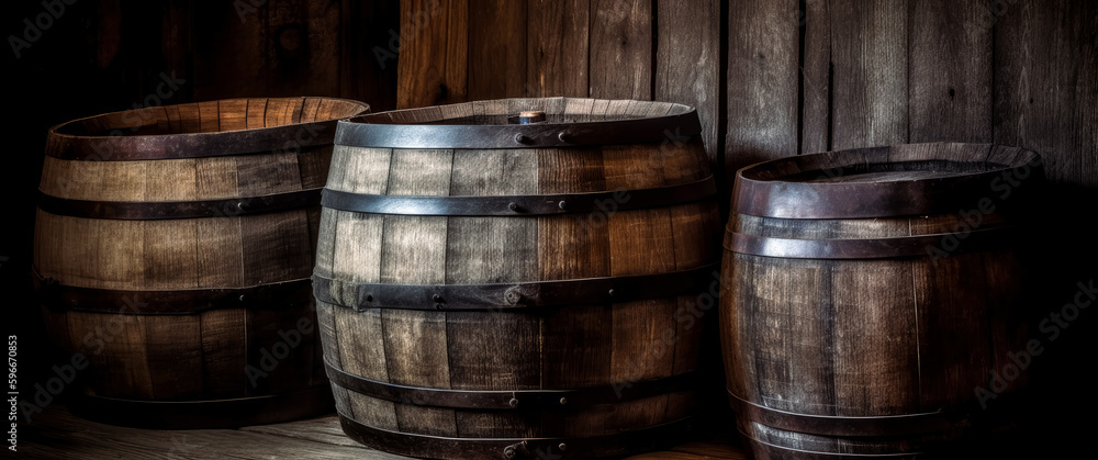 Vintage wooden barrels on the table, wooden background, rustic still lifes. Generative Ai.