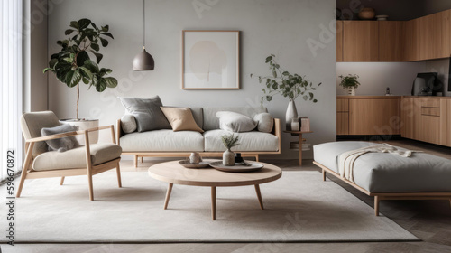 Modern scandinavian style living room, with a minimalist theme and neutral color palette. Generative AI