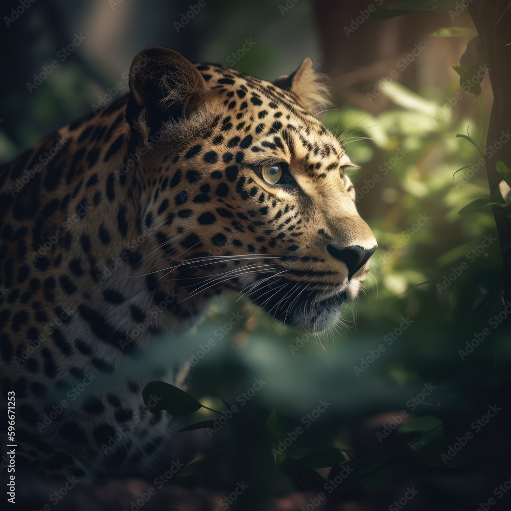 Fototapeta premium Leopard in the Jungle, Leopard Cub, Large Cat Feline Wild King of the Jungle Leaves Leaf