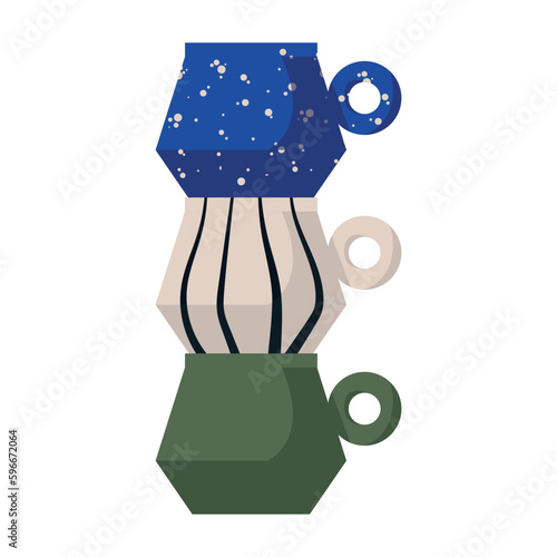 Modern collection ceramic vases and cups, mug with abstract decore. Minimalist antique ceramic pottery, clay studio, workshop, class, tools set. Vector flat illustration isolated on background