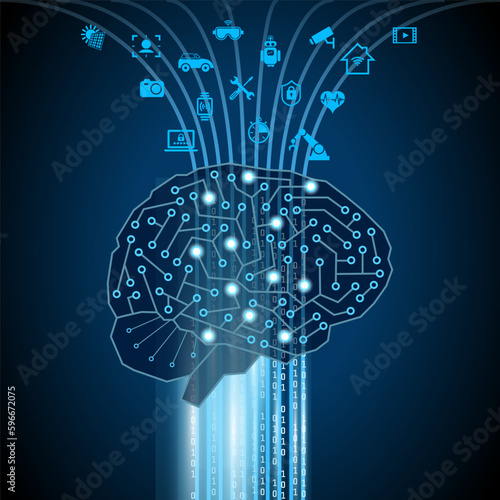 Intelligence artificielle (IA) - Illustration de la cyber-science avec un cerveau informatique d'analyse d’information traversé par un de flux de données de code binaire symbolisé par des pictogramme.