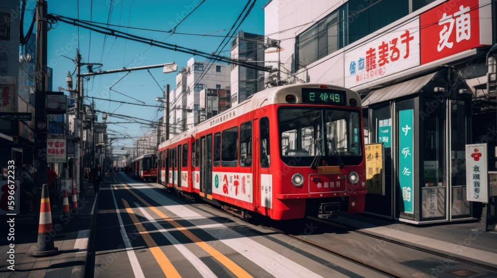 Red light rail tram on tracks in city street, Generative AI