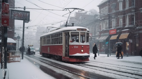 Red light rail tram on tracks in city street, snowy day, Generative AI