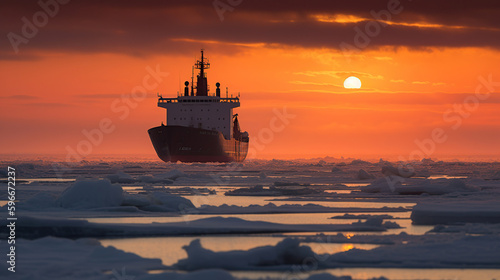 Beautiful sunset with Icebreaking vessel in Arctic, generative ai