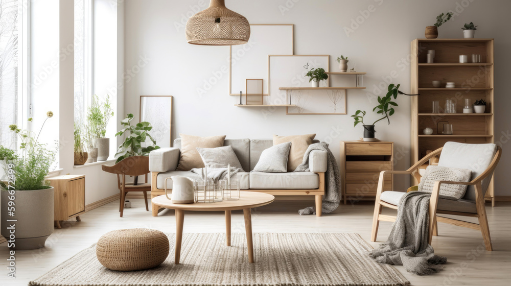 Fototapeta premium Modern scandinavian style living room, with a minimalist theme and neutral color palette. Generative AI