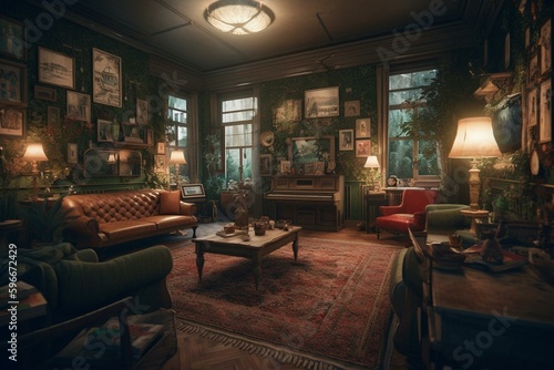 A charming evening scene of a 3D living room adorned with paintings. Generative AI