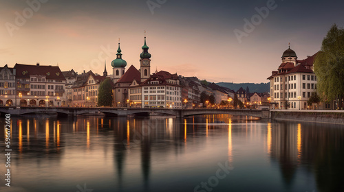 Dramatic scene with river and Jesuit church, Scenic evening panorama view of the Old Town. Wonderful vivid cityscape during sunset, generative ai
