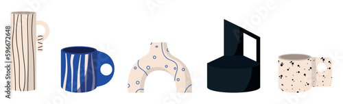 Modern collection ceramic vases and cups, mug with abstract various doodle shapes and lines. Minimalist antique ceramic pottery, clay for interior set. Vector illustration isolated on background