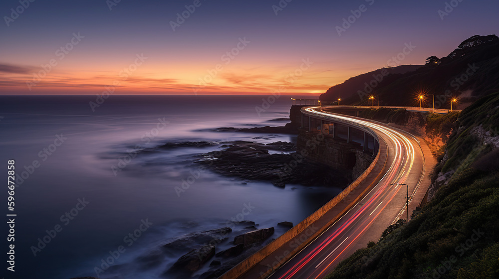 Sunset over the Sea cliff bridge along Pacific ocean coast with lights of passing cars near Sydney. Generative Ai