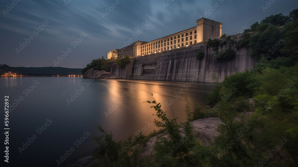 View of the hydroelectric power plant on the river, dusk, long exposure, generative ai