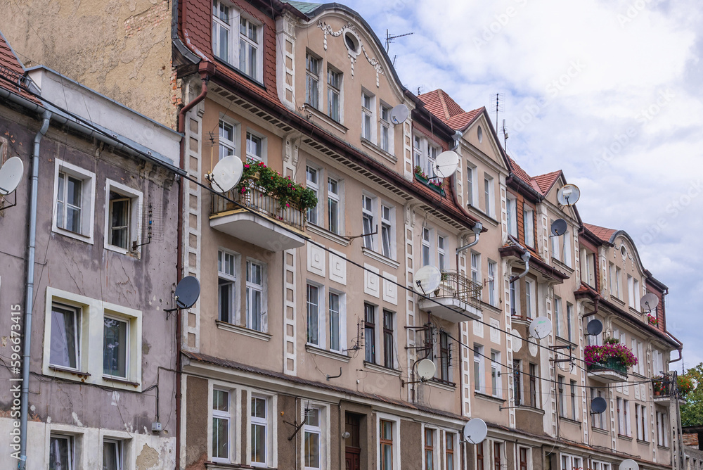 Residential buildings on Lukasinski Street in Klodzko historic town in the region of Lower Silesia, Poland