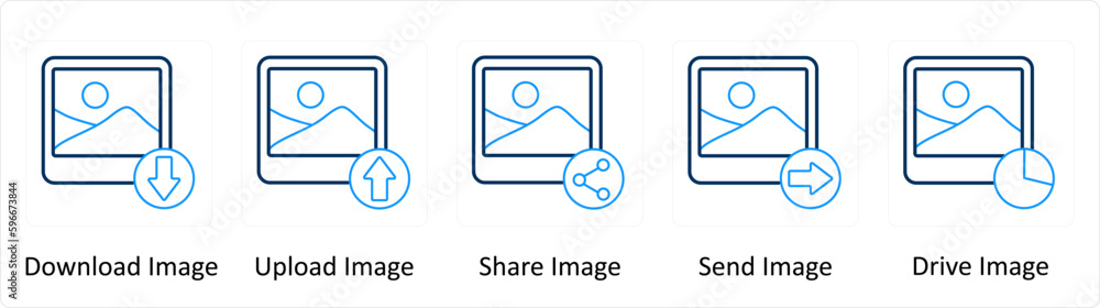 A set of 5 Extra icons as download image, upload image, share image A set of 5 Extra icons as download image, upload image, share image