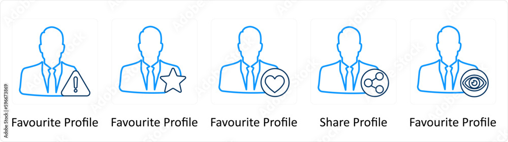 A set of 5 Extra icons as favorite profile, favorite profile, share profile A set of 5 Extra icons as favorite profile, favorite profile, share profile