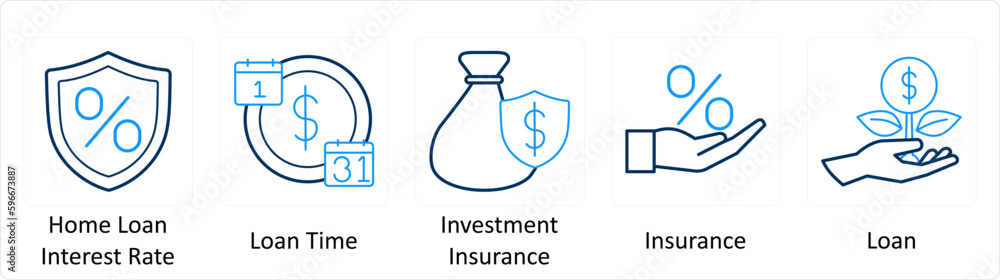 A set of 5 Extra icons as home loan interest rate, loan time, investment insurance A set of 5 Extra icons as home loan interest rate, loan time, investment insurance