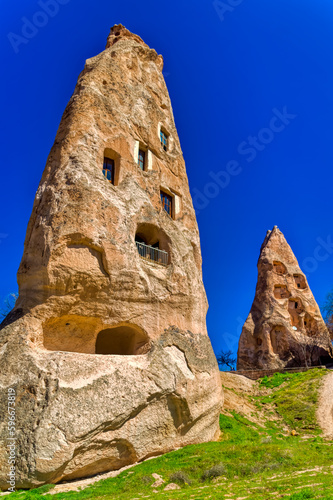 Typical rock formations in Cappadocia, Turkey.