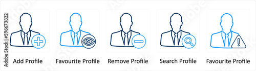A set of 5 Extra icons as add profile, favorite profile, remove profile