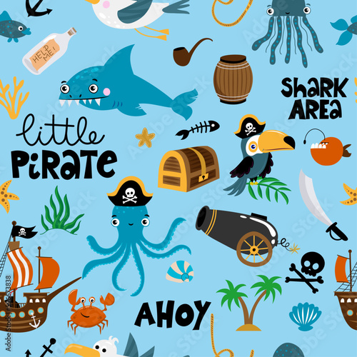 Little Pirate pattern - Cute sea adventures collection. Treasure island illustrations with parrot, ship, captain, pirates, shark, treasure. Funny pirate party elements for kids.