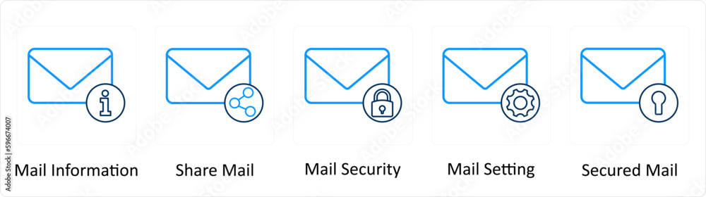 A set of 5 Extra icons as mail information, share mail, mail security A set of 5 Extra icons as mail information, share mail, mail security