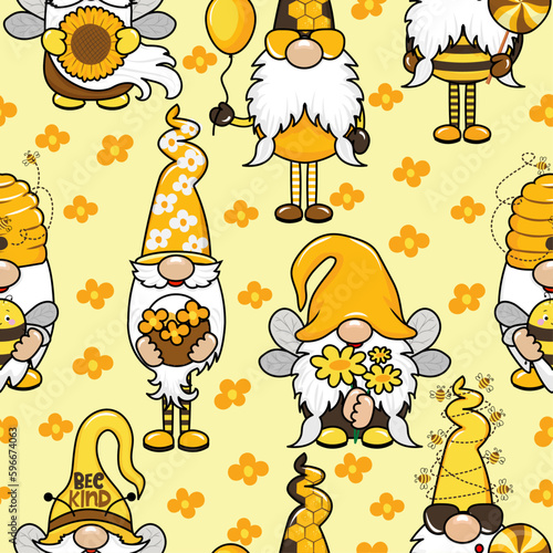 Garden honeybee gnomes pattern design in bee colors - funny drawing seamless pattern. wallpaper, wrapping paper. 