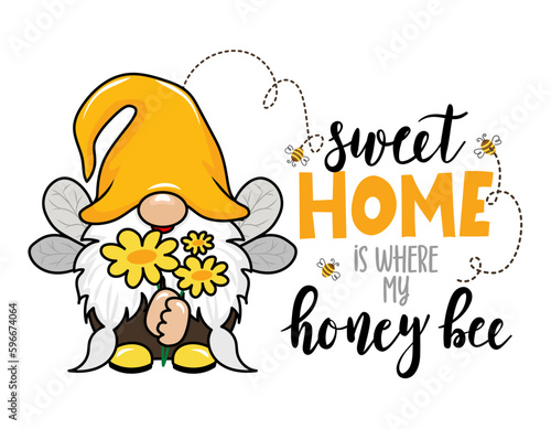 Home is where my sweet honey bee - hand drawn modern gnome  illustration. Perfect for advertising, poster, announcement or greeting card. Beautiful gnome in Honeybee costume.