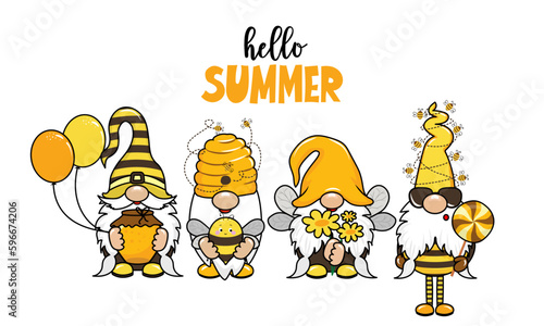 Hello Summer - hand drawn modern gnomes illustration. Perfect for advertising, poster, announcement or greeting card. Beautiful gnomes in Honeybee costume.