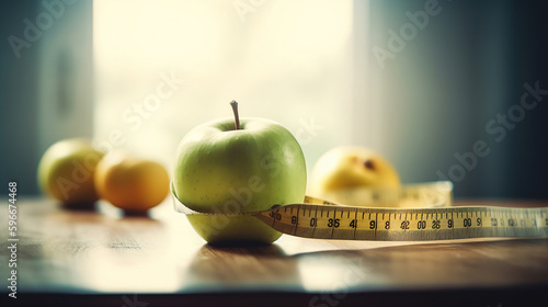 Healthy diet and weight loss concept, apple and tape measure on the nutritionist desk, generative ai