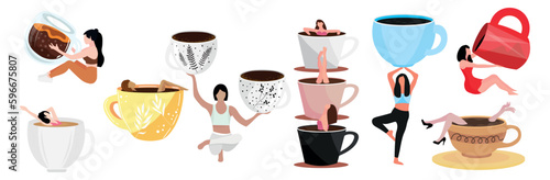 Set of women with big cups of coffee on white background