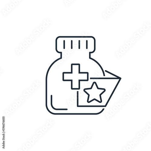 A new medical product with a star.  Vector linear icon isolated on white background.