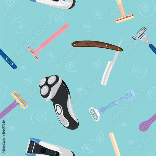 Many different razors on blue background. Pattern for design