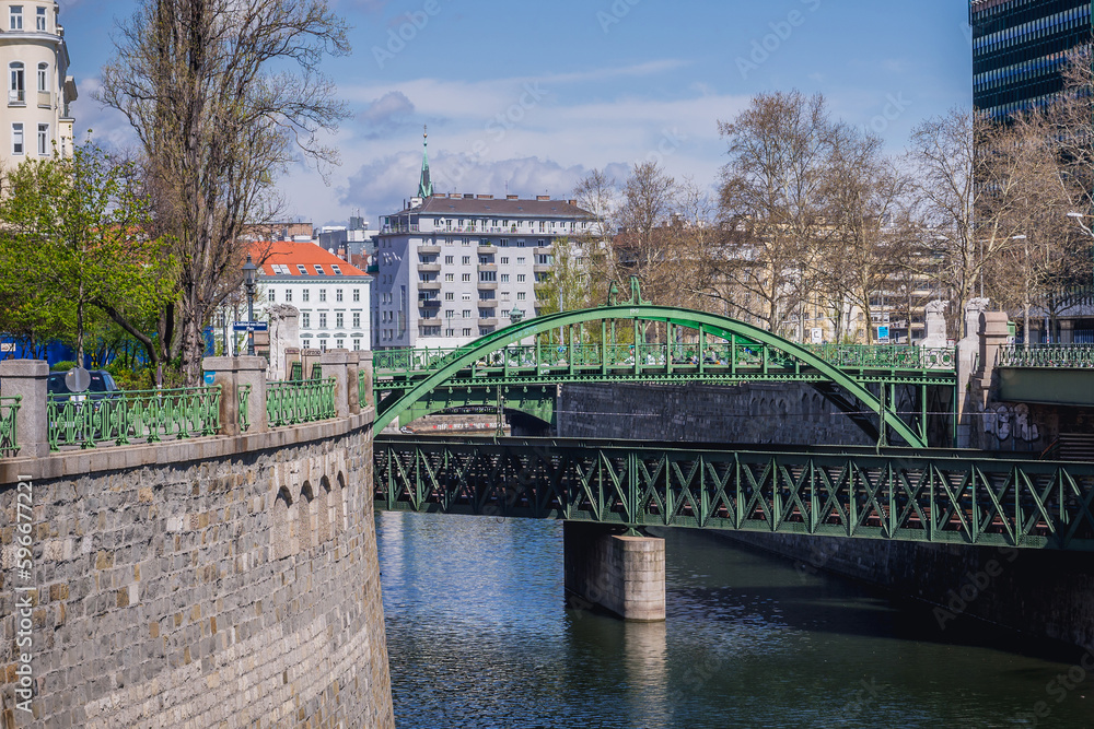 Pedestrian bridge and U4 underground line bridge over Wien River and in Vienna capital city, Austria