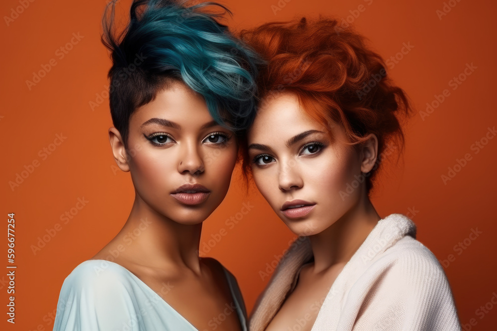 Multi ethnic beauty portrait of two mixed race fashion women with creative hairstyles and makeup on orange background, different nation, multiracial friends concept, AI Generated Multi ethnic beauty portrait of two mixed race fashion women with creative hairstyles and makeup on orange background, different nation, multiracial friends concept, AI Generated
