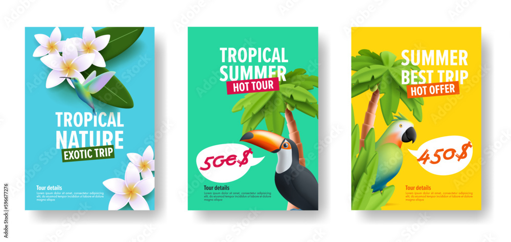 Set of tropical flyers for hot tours discounts with 3d illustration of tropic birds and palm trees and flowers