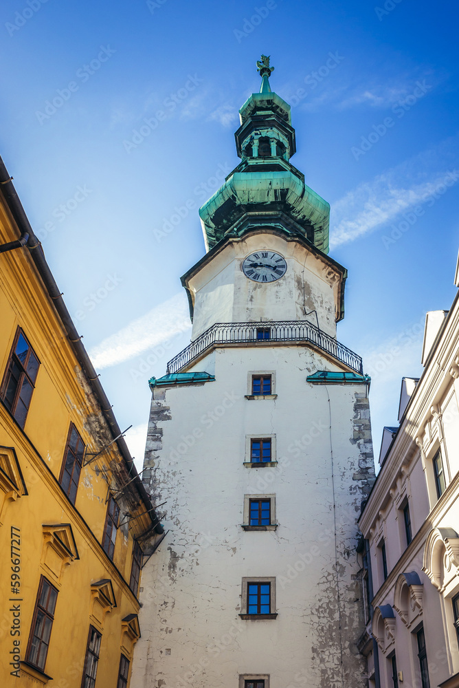 Buildings and Tower of Michael Gate in Old Town of Bratislava capital city, Slovakia
