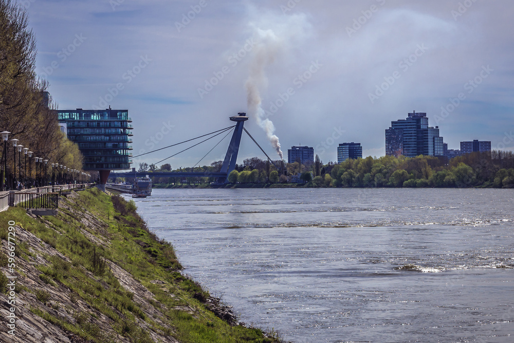 Obraz premium Distance view of so called UFO bridge on the Danube River in Bratislava city, Slovakia