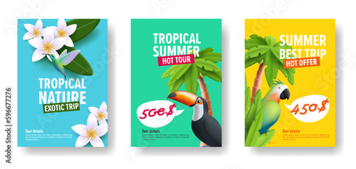 Set of tropical flyers for hot tours discounts with 3d illustration of tropic birds and palm trees and flowers