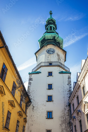 Photography Buildings and Tower of Michael Gate in Old Town of Bratislava capital city, Slov