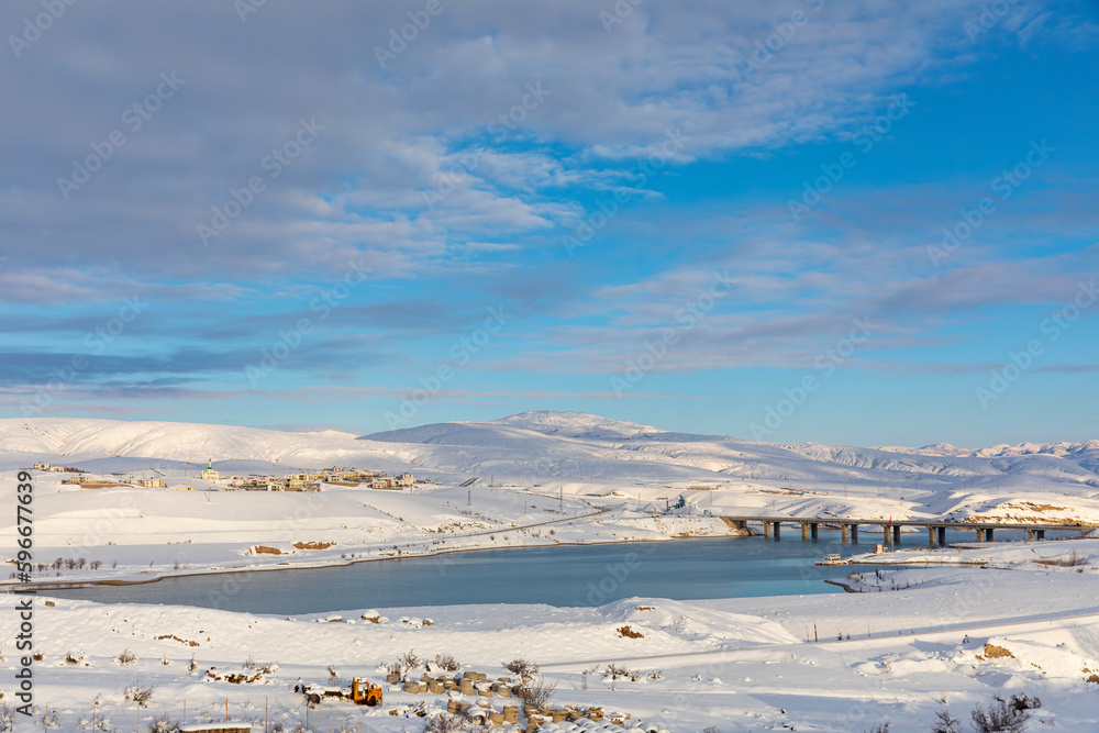 Erzincan Province, İliç District with snowy landscapes, river and historical bridge