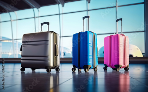 Colorful suitcases at the airport. Travel concept. Ai Generative