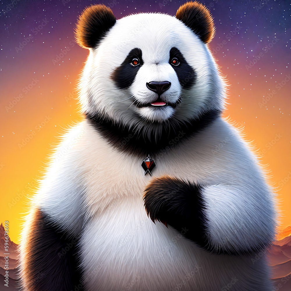 Fototapeta premium giant serious panda bear outdoors night colorful painting with generative AI technology