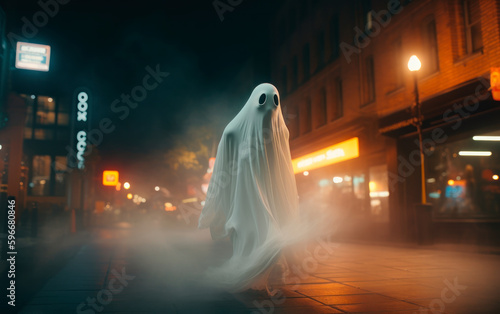Scary ghost floating on a street at night. Generative AI © NorLife