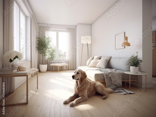 Moderne Stadt Wohnung einem Golden Retriever als Haustier, generative AI.