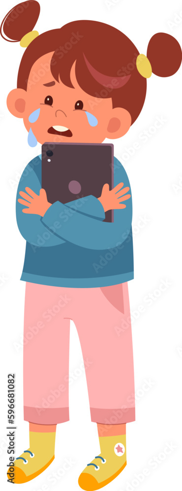 Fototapeta premium Child Girl Crying With Tablet