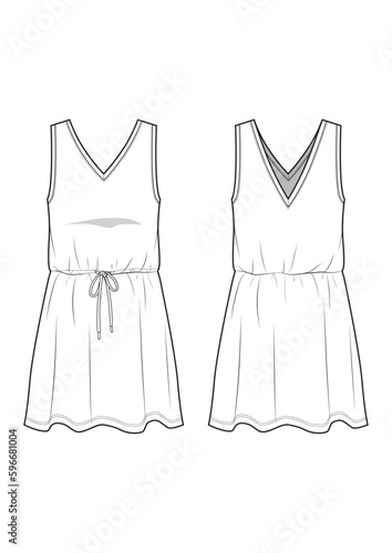 womenswear v-neck sleeveless, waist cinched mini dress fashion technical drawing / flat sketch /CAD / ADOBE Illustrator vector digital download	
