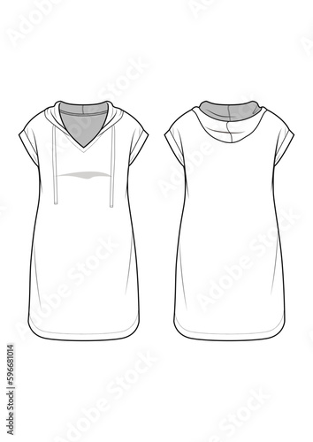 v-neck hoodie drop shulder pullover fleece french terry dress fashion technical drawing / flat sketch /CAD / ADOBE Illustrator vector digital download 