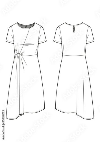 womenswear drape twist short sleeve asymmetrical seamline fit and flare dress fashion technical drawing / flat sketch /CAD / ADOBE Illustrator vector digital download	
